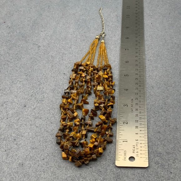 Brown Amber MOP Necklace Four Strand Seed Bead Shell Silver Chunky Organic - Picture 5 of 5